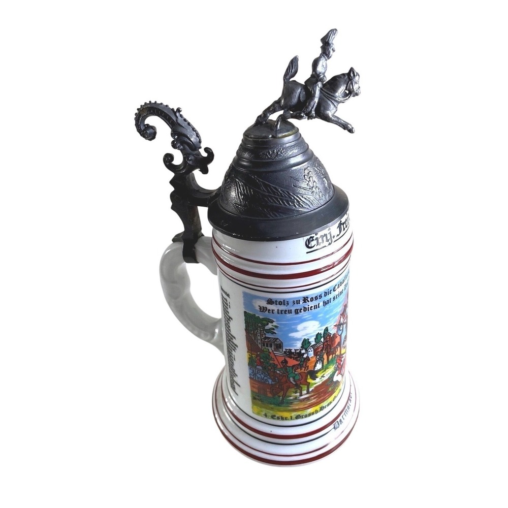 Vintage German Regimental Beer Stein 1903-1905 Cavalry Lithophane Pewter Lid‎